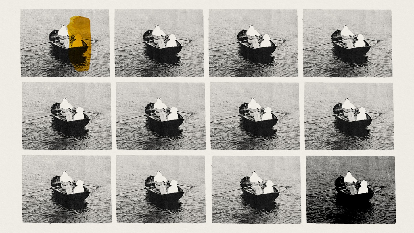 rows of images of two people in a boat, with the people cut out of the photos; the one in the top left corner is covered with a yellow splotch