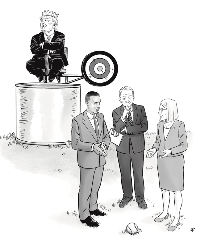 black-and-white political-cartoon-style illustration with 3 suit-wearing politicians in foreground talking around baseball lying on ground; behind them Trump sits wearing a crown atop a carnival dunk tank with a huge target on it waiting for the ball