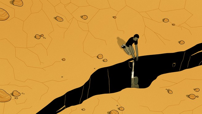 illustration of a person pulling their friend out of a chasm in the ground