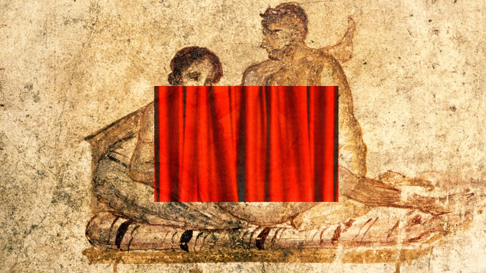 Illustration of an ancient fresco of two people having sex partially covered by a red curtain for modesty