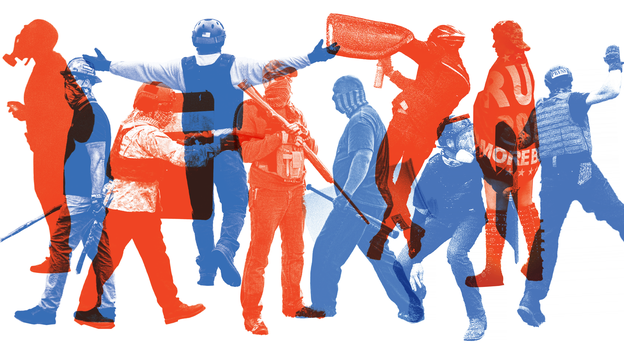 photo illustration with alternating red and blue images of 10 violent protesters in various poses, some armed, one wearing Trump flag