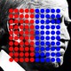 An illustration of Joe Biden with 50 red dots and 50 blue dots.