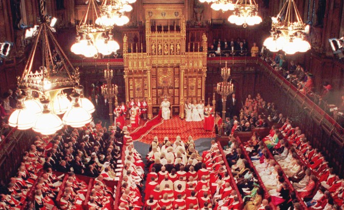 Queen Elizabeth II reads the Queen's Speech during the State Opening of Parliament in October 1996.