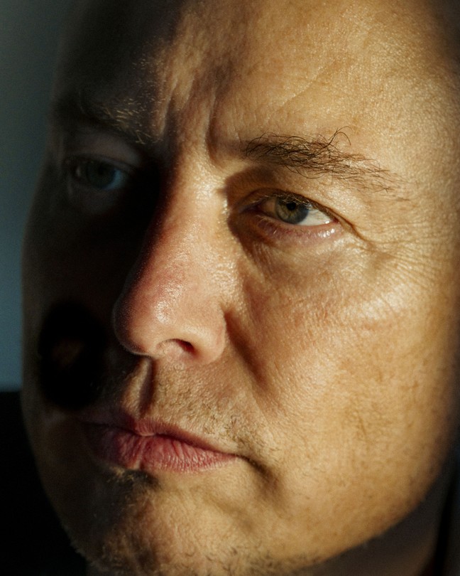 A close-up of Elon Musk's face