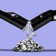 A limousine broken in half midair, against a purple background, with money coming out of it