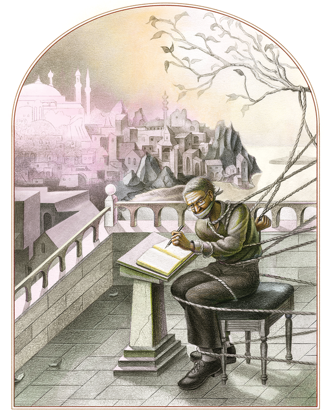 intricate illustration of seated man with glasses gagged and bound with ropes writing a book on a balcony overlooking coastal cityscape with Hagia Sophia-like mosque and shoreline