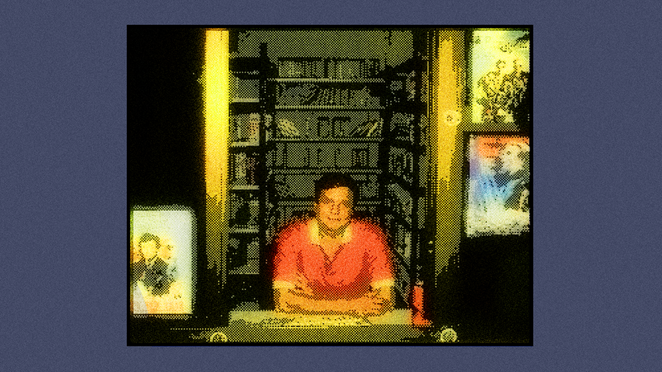 An illustration of a man in a red shirt sitting at a counter in a video store