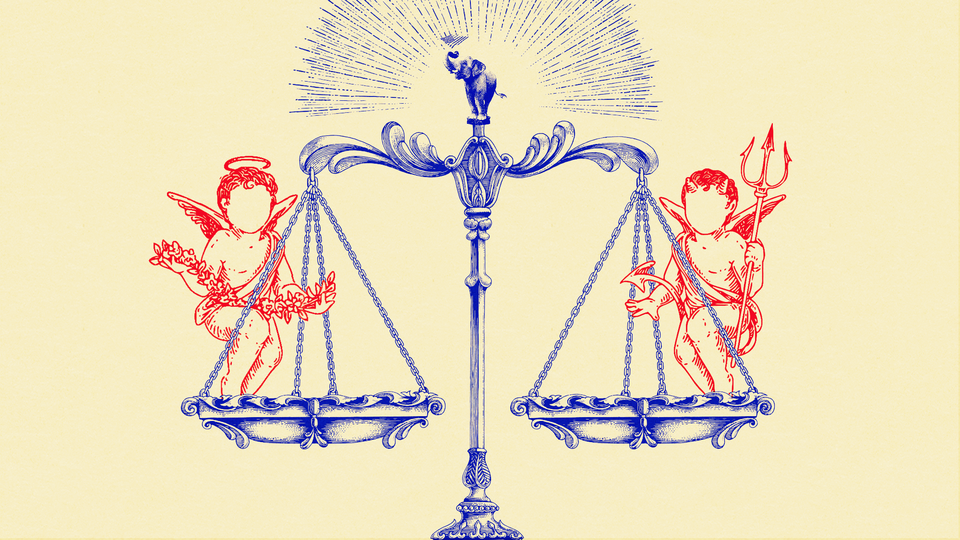 Illustration of balance scale weighing angels of good and evil