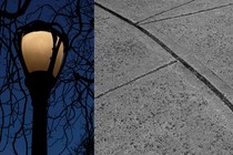 On the left, a photo of a yellow streetlamp against a backdrop of bare, craggly branches and a dark blue sky. On the right, an image of a concrete sidewalk and its seams.