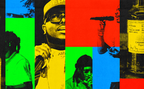 Color-blocked collage of images of rappers and of bottles of Casamigos