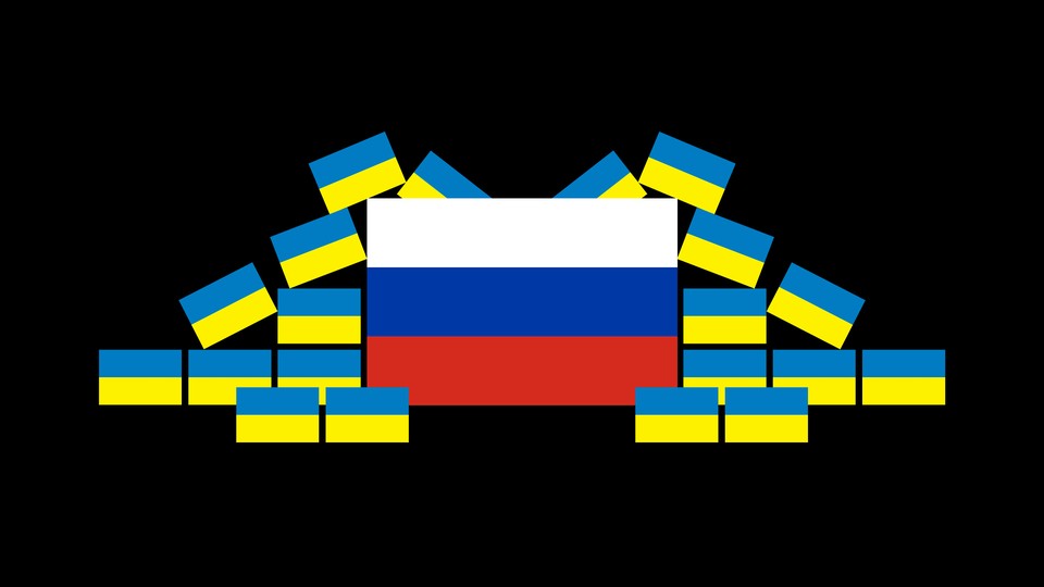 Ukrainian flags surrounding a Russian flag