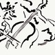 A silhouette of someone playing a cello in black paint strokes against a white background