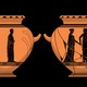 Two Greek vases, one with a a man and one with a man and a woman