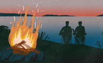An illustration of a campfire, in the background, the silhouettes of two men sit in camping chairs looking at a sunset over a lake