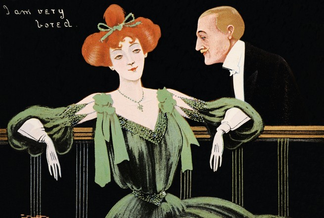 A vintage illustration of a man and woman in formal attire, with the caption "I am very bored"