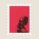 An illustration of a red postage stamp with a cutout of a woman's torso facing away; the postage stamp is centered on a beige background