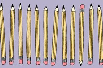 A row of pencils pointing upward, with just one pencil facing down