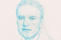 A sketch, in light blue over a peach background, of a man with wavy hair with just the outline of a jacket.