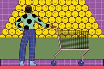 A person with a shopping cart gazes at a large pile of smiley faces