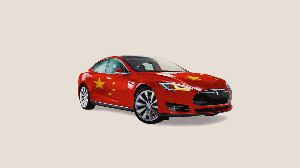 An illustration of a Tesla car painted in the color and emblems of the Chinese flag