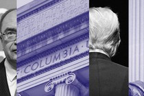 A photo-illustration showing Columba University, Nikolay Kropachev, and Donald Trump