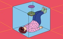 Illustration of a person lying on their back while trapped inside a transparent cube