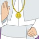 An illustration of a white-robed priest making a sign of peace and wearing a pendant with a smiling face