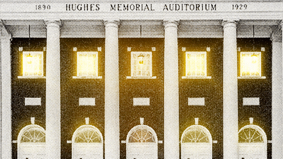 Illustration of the Hughes Memorial Auditorium—a light glimmers in an upstairs window between columns
