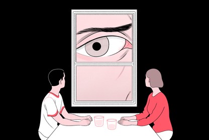 An illustration of a couple sitting at a table with a mother's eye peeking through a window.