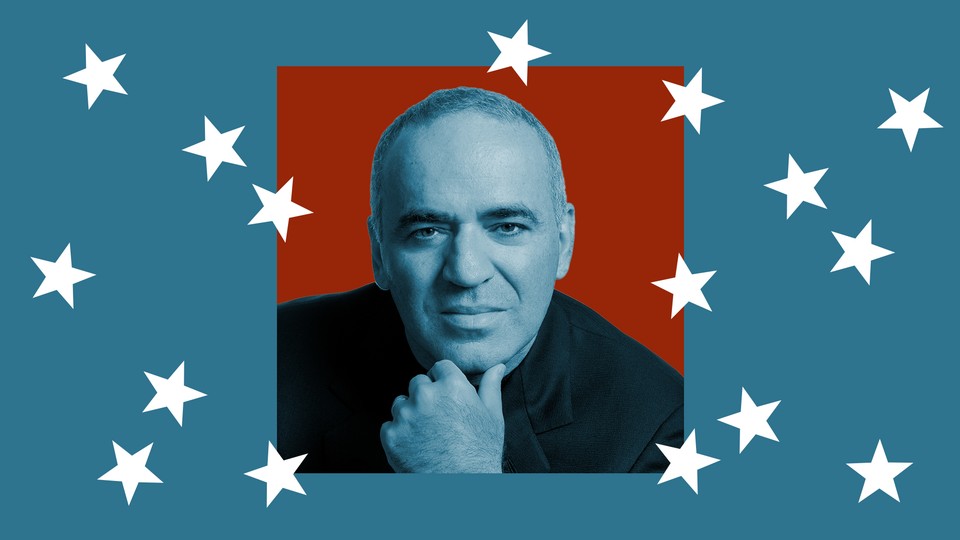 An image of host Garry Kasparov sits in the center of several stars shapes floating around him.