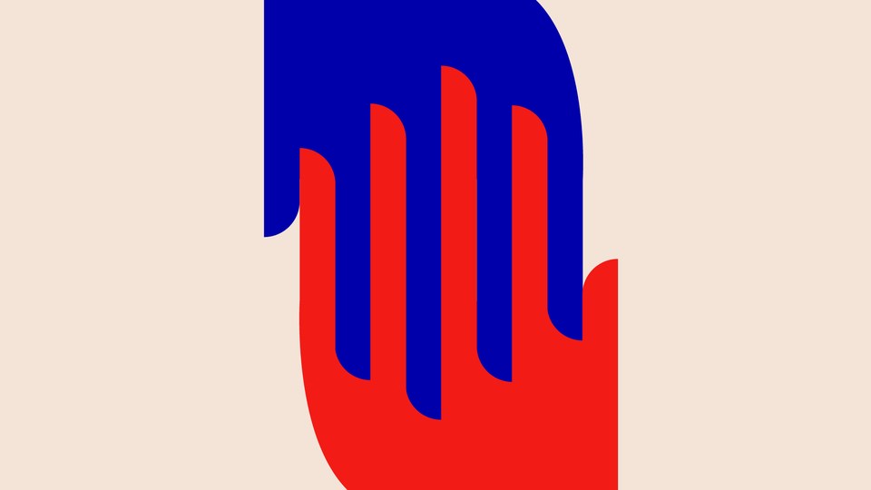 Interlocking red and blue hands