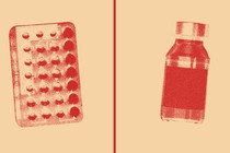 A red-on-cream illustration. On the left is a package of birth-control pills; on the right is a vaccine vial.