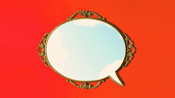 Mirror in the shape of a speech bubble on a red background