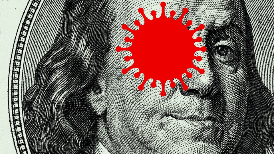 An illustration of Ben Franklin with a coronavirus over his eye.