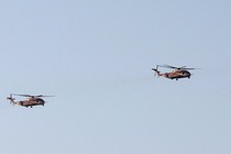 Two helicopters in a light-blue sky