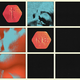a grid of pills and faces in blue and red and green