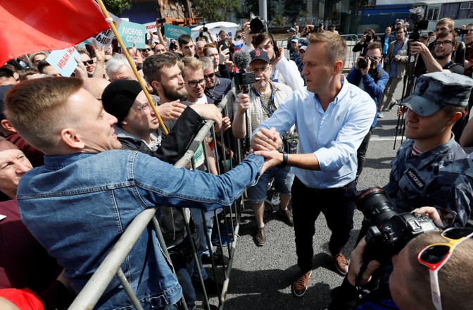 Russian opposition leader Alexei Navalny meets with opposition protesters in Moscow.
