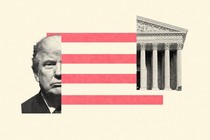 Illustration showing Donald Trump, the American flag, and the Supreme Court building