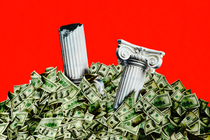 A graphic illustration of broken white pillars in a pile of $100 bills