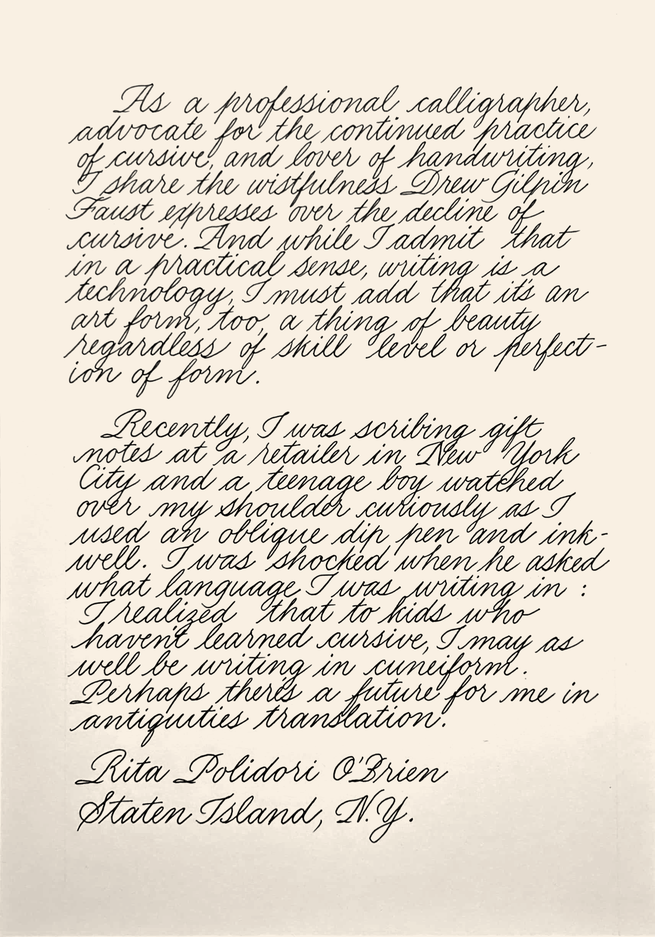 hand-written calligraphy version of Rita Polidori O'Brien's letter