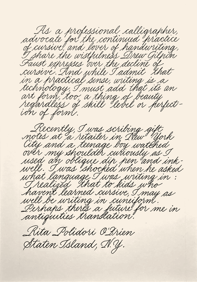 version calligraphiée à la main de la lettre de Rita Polidori O'Brien