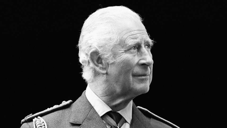 A black-and-white photo of King Charles III