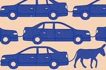 a donkey's tail is attached to a line of cars (all in blue)