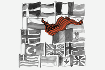 Ilustración de banderas en blanco y negro de países de la OTAN ondeando en mástiles, con una bandera roja de EE. UU. suelta frente a ellas.
