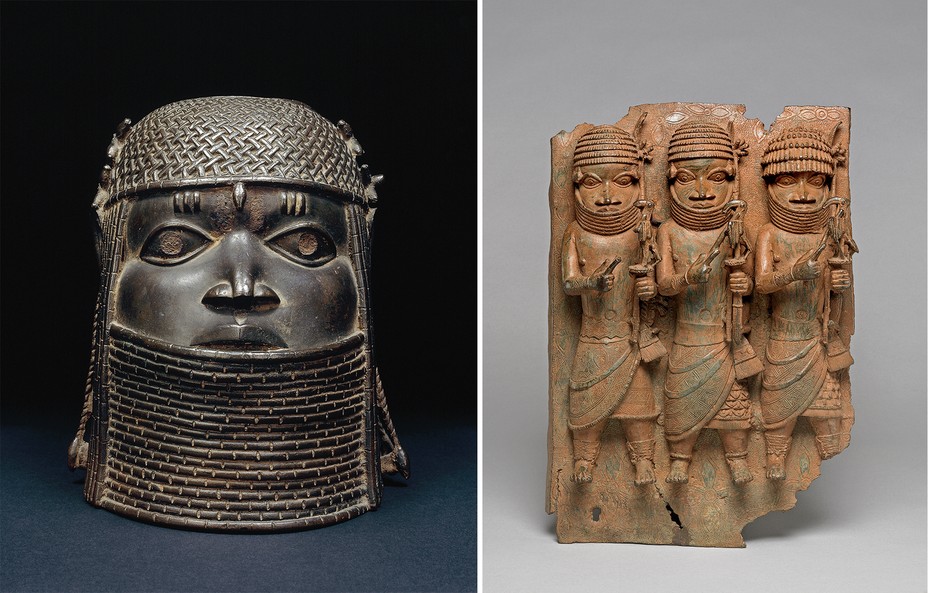 2 photos: sculpture of man's head with helmet and high neck guard covering the lower lip; sculpture of 3 armed figures in a row