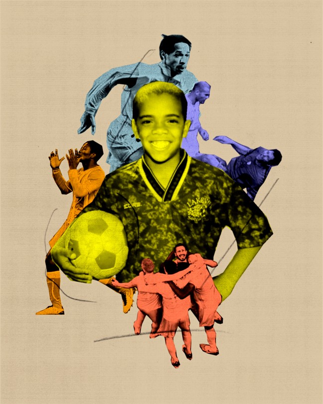 A collage showing a photo of Clint Smith as a child, along with other soccer players