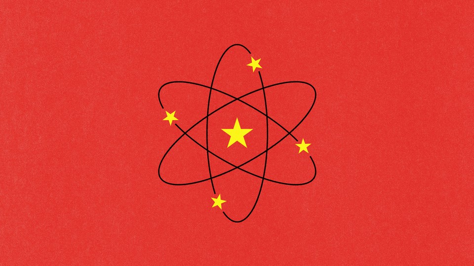 Illustration of the national flag of China, but with the yellow stars rearranged on an atomic symbol