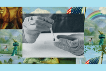 A scientist’s gloved hands perform a blood test. The image is set into a frame featuring The Experiment’s show art.