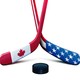 An illustration of hockey sticks with an American flag on one and the Canadian flag on the other