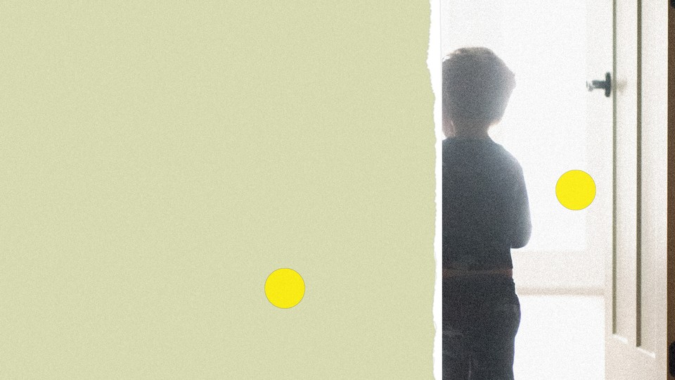 illustration with young child silhouetted in open doorway with yellow dots